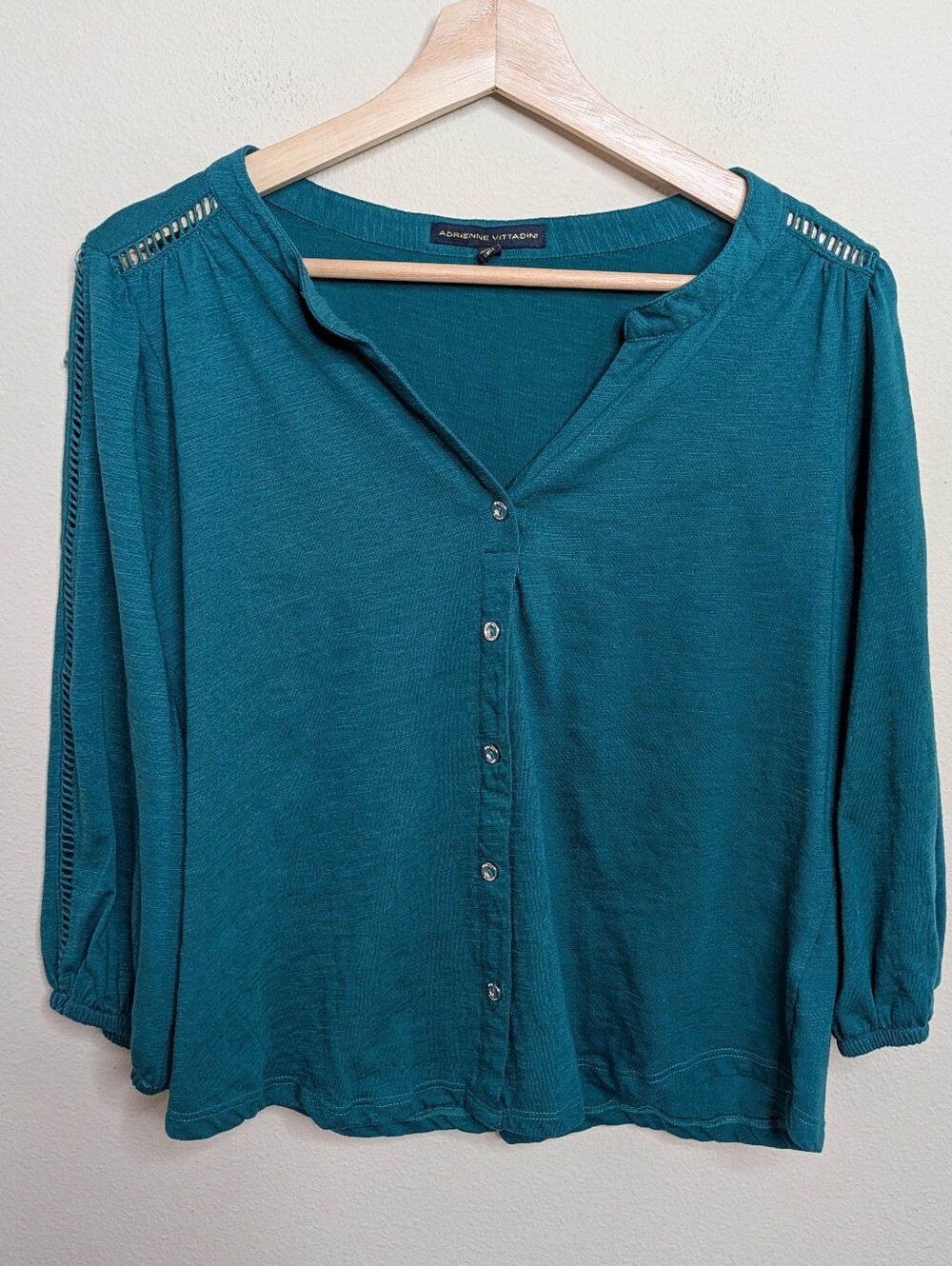 Adrienne Vittadini‎ Teal Button Front Top 3/4 Sleeve Ladder Detail XL